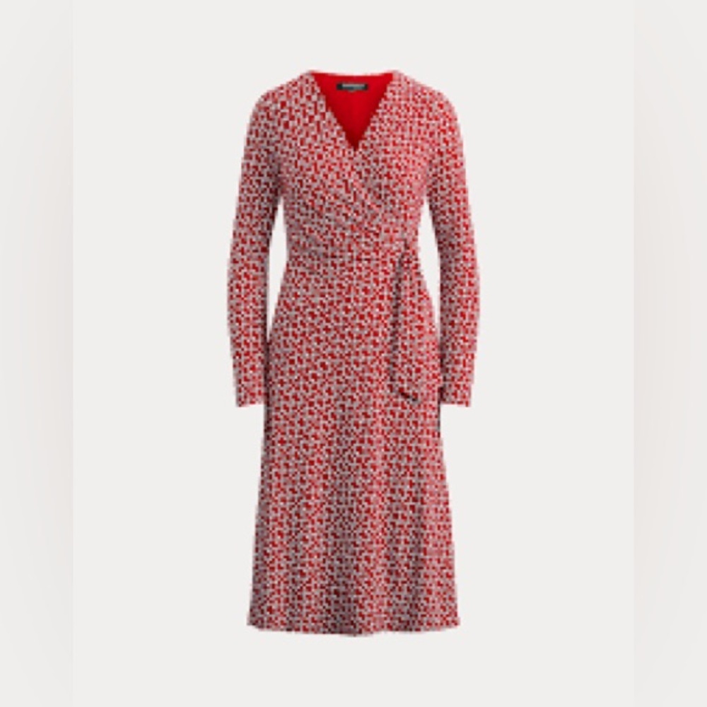 🐴 Ralph Lauren Equestrian Red Chain Print Jersey Faux Wrap Dress Size US 8 🐴